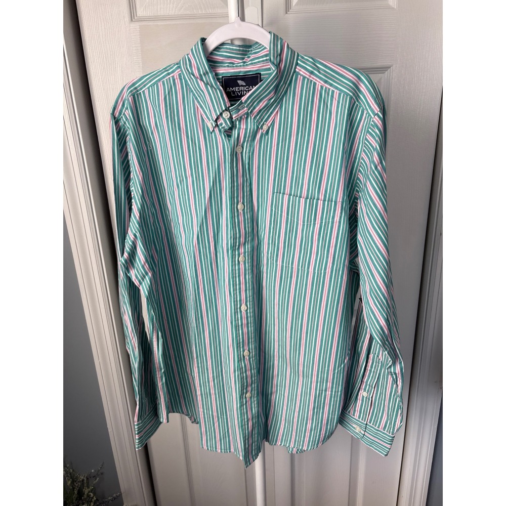 American Living‎ Mens Long Sleeve Button Down Shirt Green Pink White Stripe XL